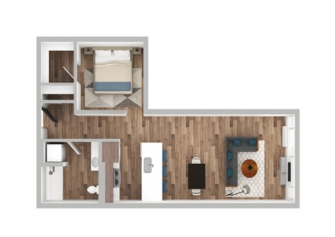 Floor plan for 1 bed, 1 bath, 722 sqft